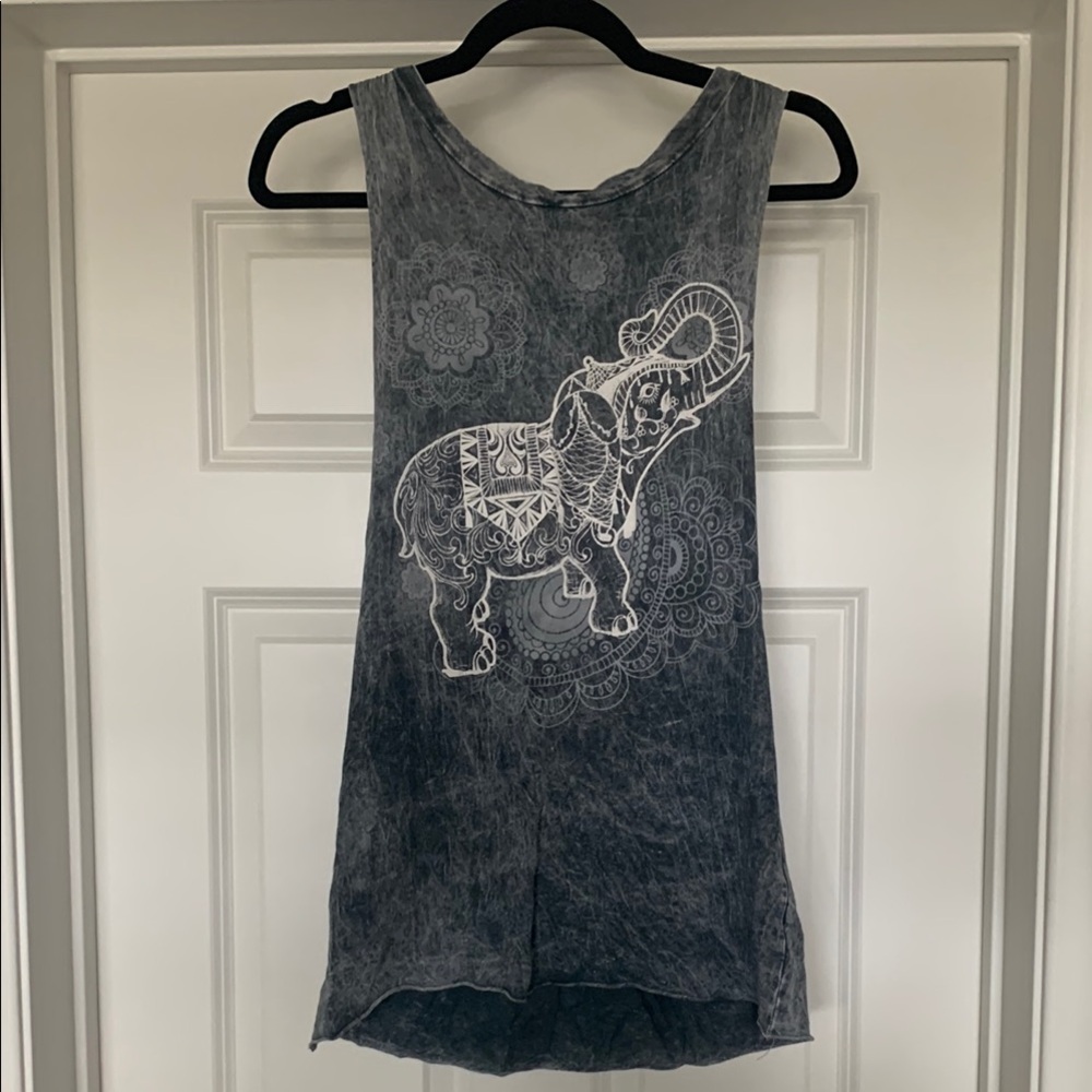 Gray Muscle Top with White Elephant Design w/ Back Cut Out